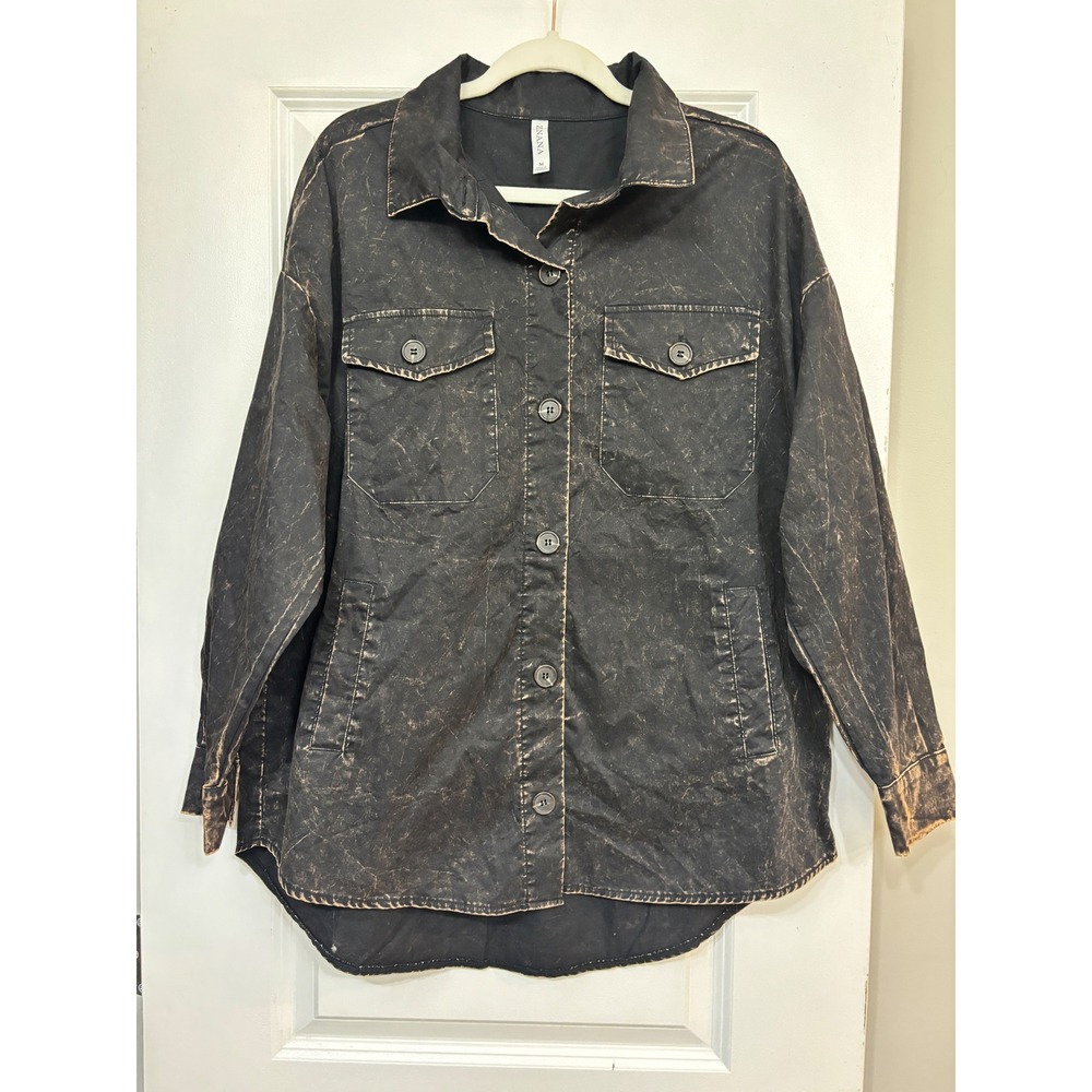 Zenana Women Black Mineral Wash Shacket Oversized Button Down Shirt Jacket M